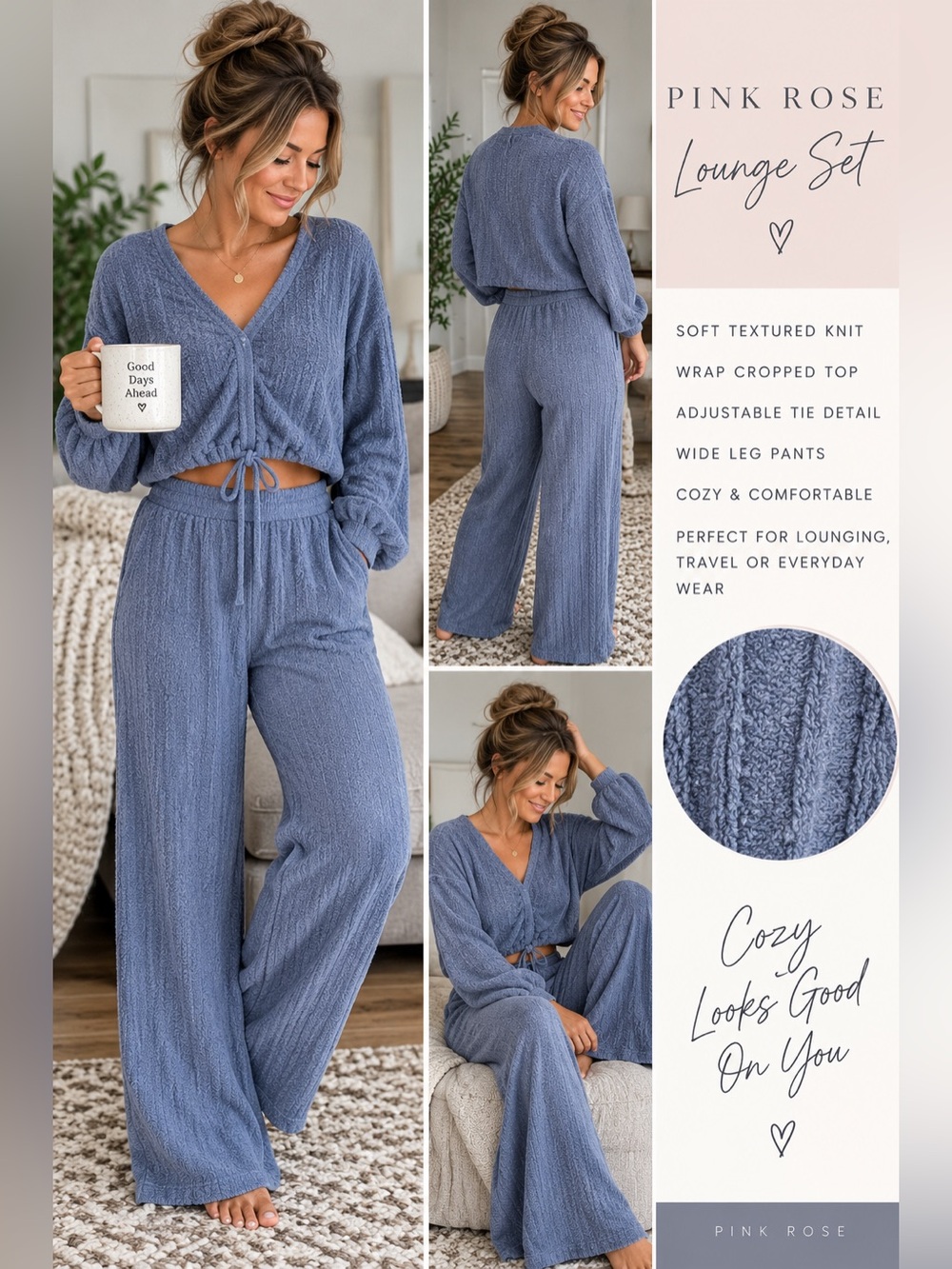 Pink Rose Blue Cozy Knit 2 Piece Lounge Set Wrap Top Pants Size Small